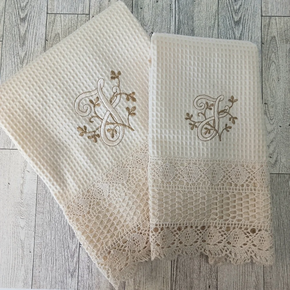 Towels Set of 2, Embroidered Letter J Crochet, Cotton, Made in Portugal